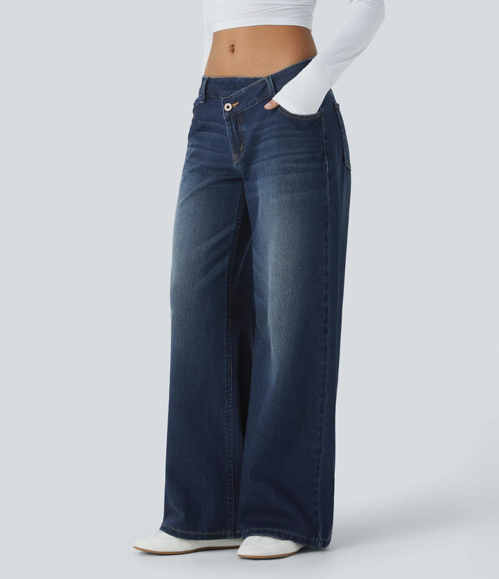 Halara Flex™ Asymmetric Low Rise Zipper Pockets Baggy Wide Leg Washed Casual Jeans