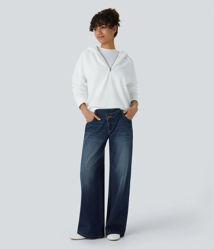 Halara Flex™ Asymmetric Low Rise Zipper Pockets Baggy Wide Leg Washed Casual Jeans