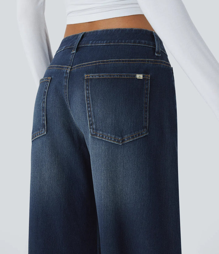 Halara Flex™ Asymmetric Low Rise Zipper Pockets Baggy Wide Leg Washed Casual Jeans