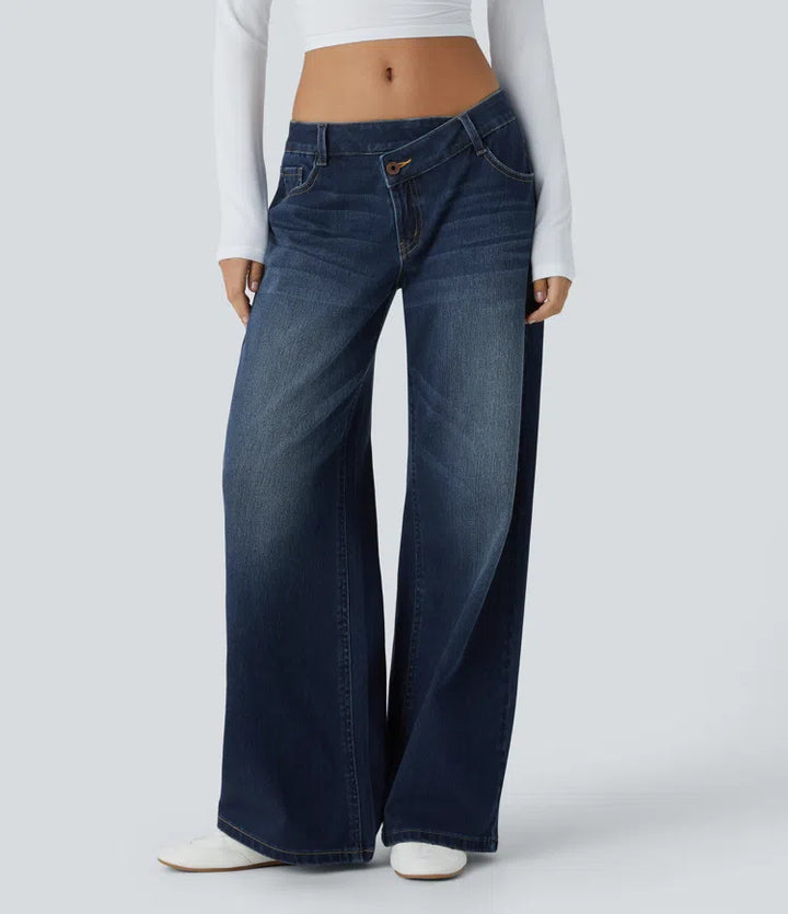 Halara Flex™ Asymmetric Low Rise Zipper Pockets Baggy Wide Leg Washed Casual Jeans