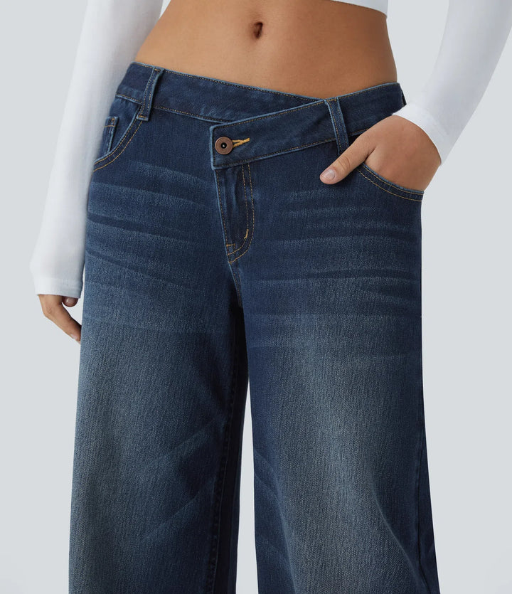 Halara Flex™ Asymmetric Low Rise Zipper Pockets Baggy Wide Leg Washed Casual Jeans