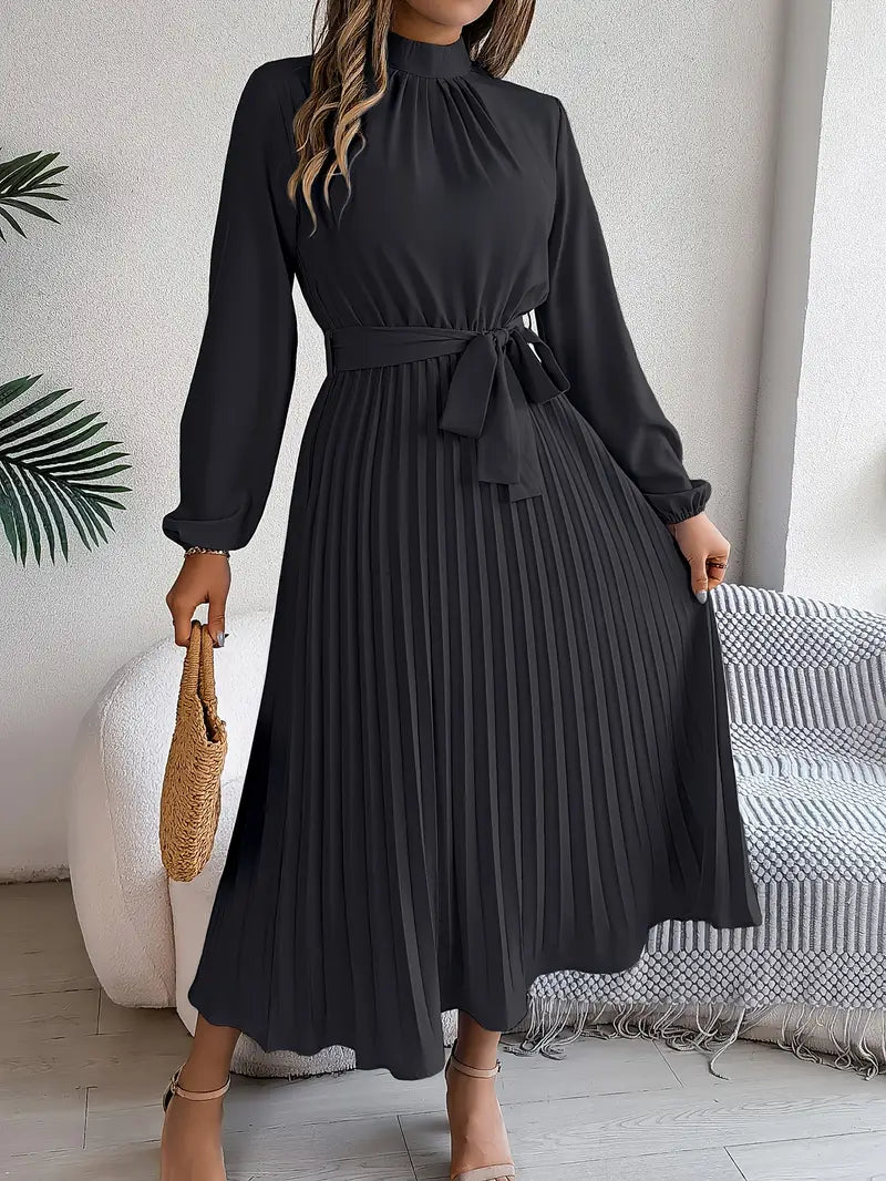 Althea | Elegante Dames Geplooide Midi Jurk met Lange Mouwen en Tailleceintuur