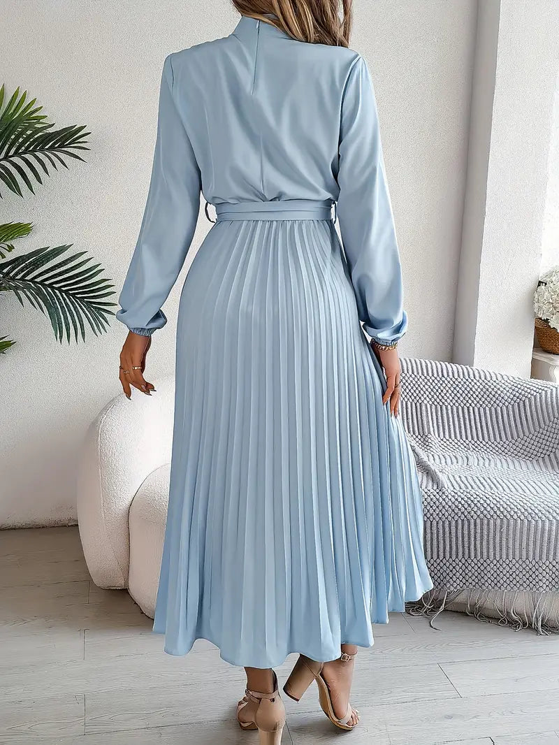 Althea | Elegante Dames Geplooide Midi Jurk met Lange Mouwen en Tailleceintuur