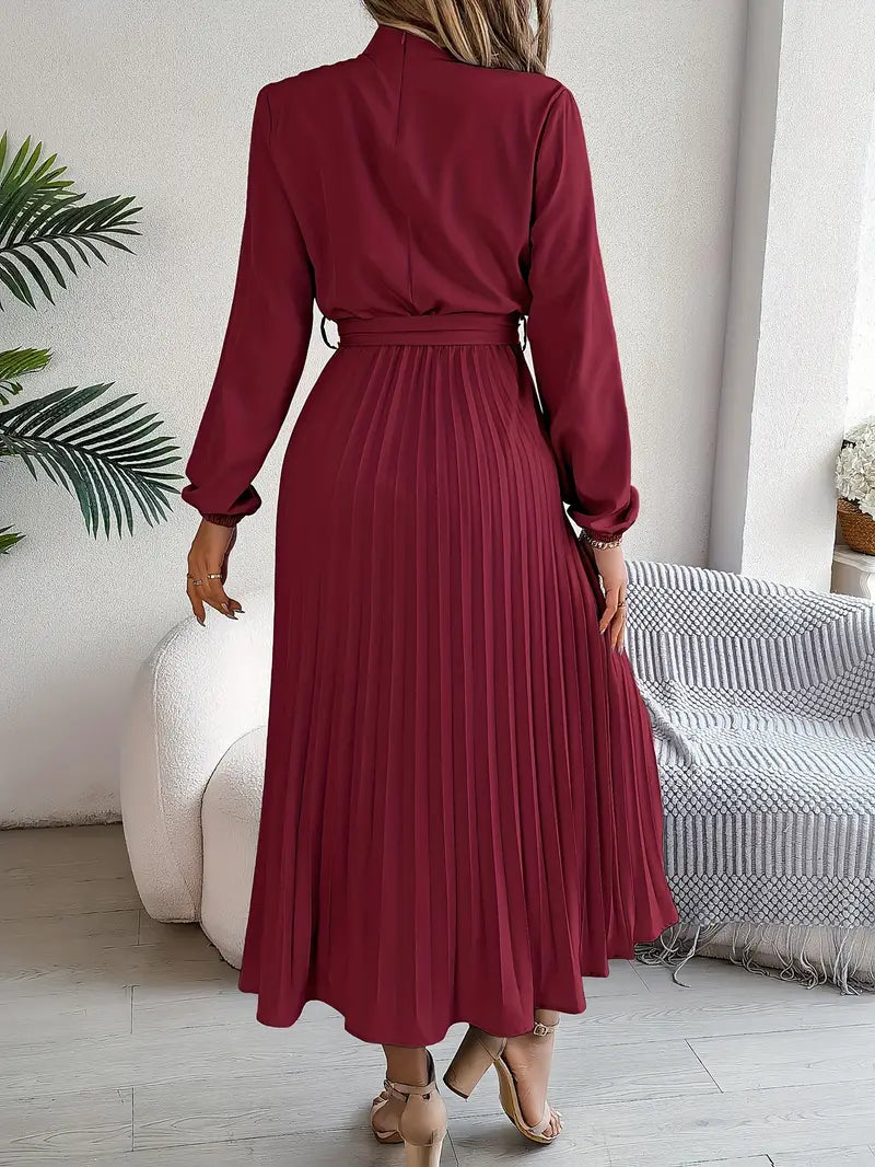 Althea | Elegante Dames Geplooide Midi Jurk met Lange Mouwen en Tailleceintuur