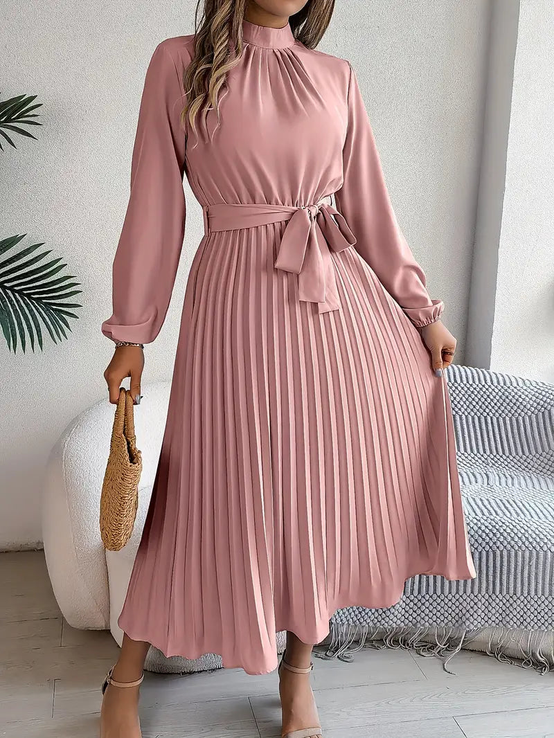 Althea | Elegante Dames Geplooide Midi Jurk met Lange Mouwen en Tailleceintuur