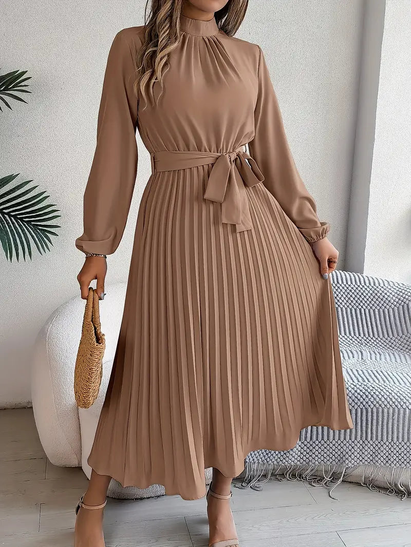 Althea | Elegante Dames Geplooide Midi Jurk met Lange Mouwen en Tailleceintuur