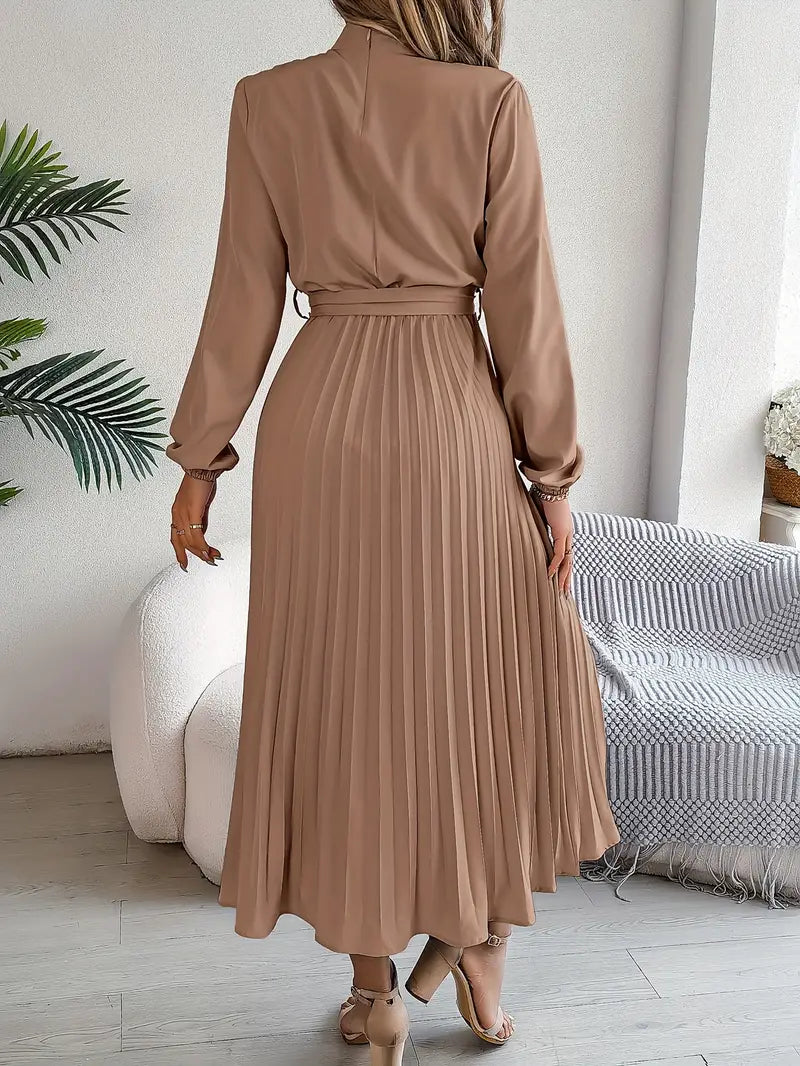 Althea | Elegante Dames Geplooide Midi Jurk met Lange Mouwen en Tailleceintuur