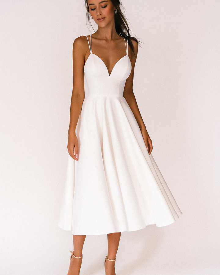 Aurelia | Elegante Dames Midi Jurk met Spaghettibandjes voor Bruiloftsgasten