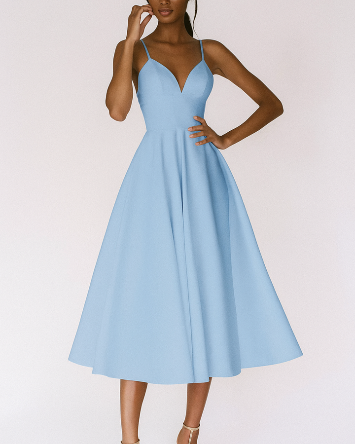 Aurelia | Elegante Dames Midi Jurk met Spaghettibandjes voor Bruiloftsgasten