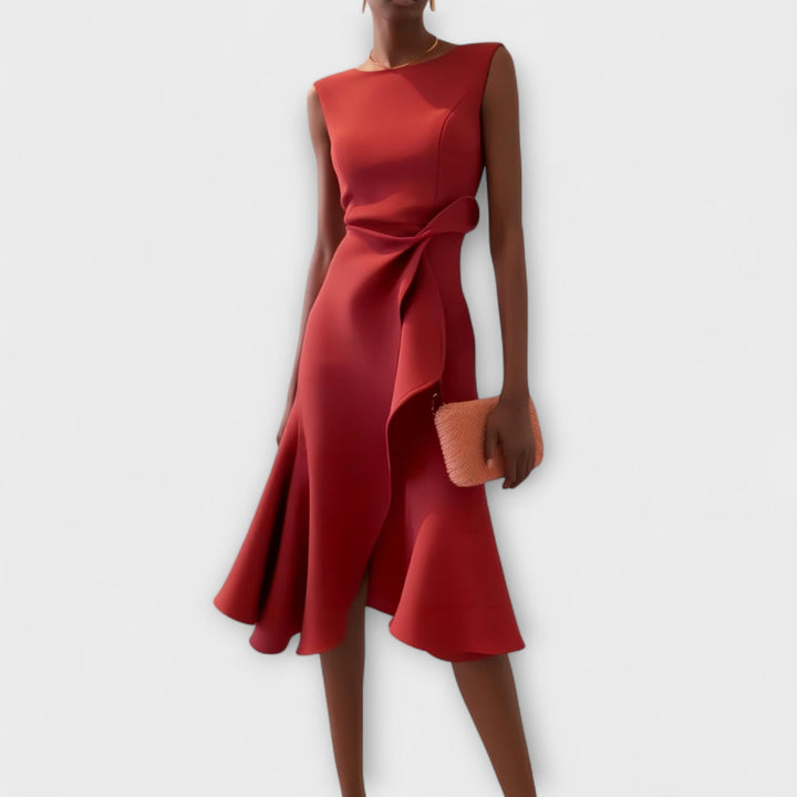Eline | Elegante Dames Midi Jurk Geplooid Asymmetrisch