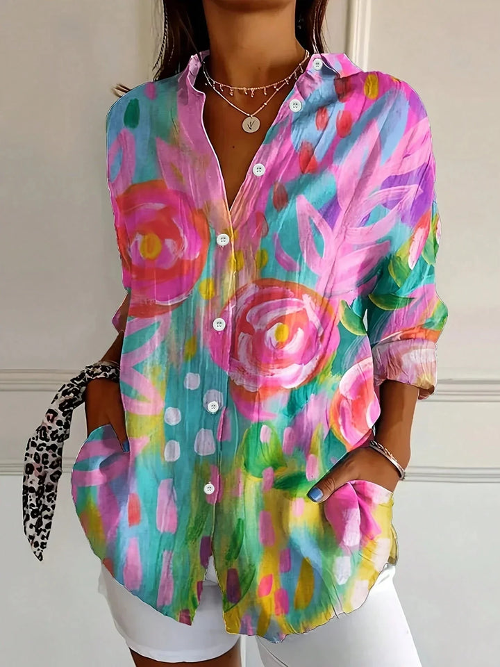 Fleur | Dames Blouse Bloemen Print Lange-Mouw Losvallend Casual