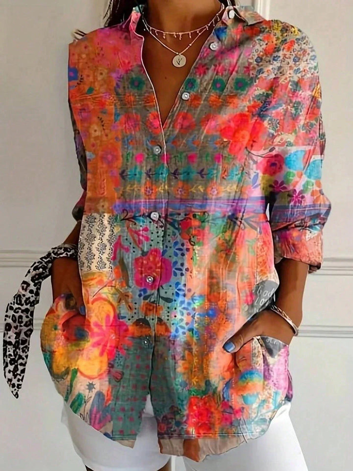 Fleur | Dames Blouse Bloemen Print Lange-Mouw Losvallend Casual