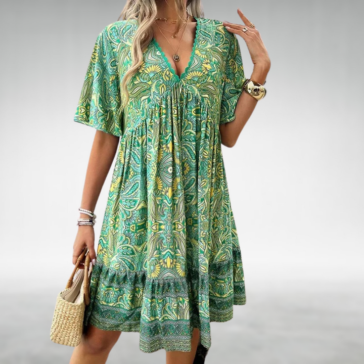 Ines | Dames Mini Jurk Boho V-Hals Uitlopende Mouwen Bloemenprint
