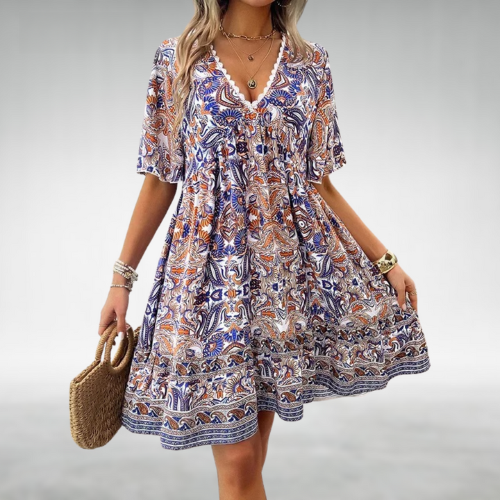 Ines | Dames Mini Jurk Boho V-Hals Uitlopende Mouwen Bloemenprint