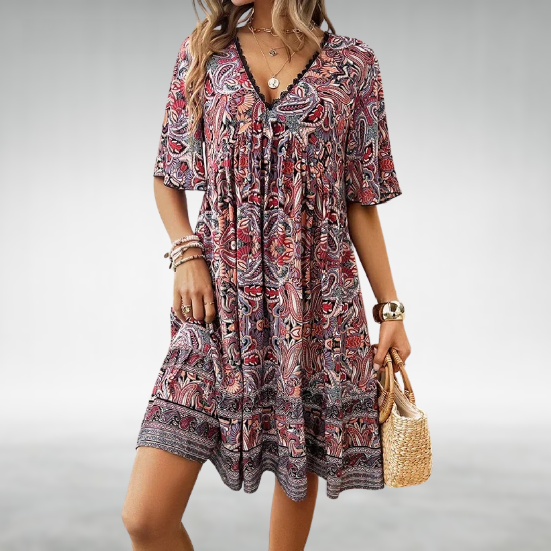 Ines | Dames Mini Jurk Boho V-Hals Uitlopende Mouwen Bloemenprint