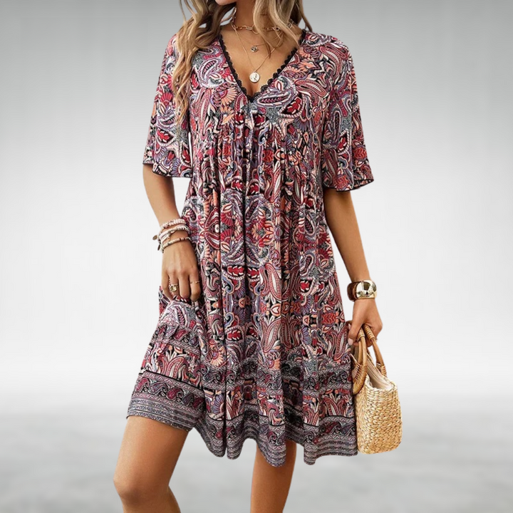 Ines | Dames Mini Jurk Boho V-Hals Uitlopende Mouwen Bloemenprint