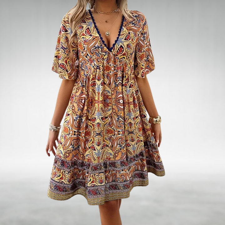 Ines | Dames Mini Jurk Boho V-Hals Uitlopende Mouwen Bloemenprint
