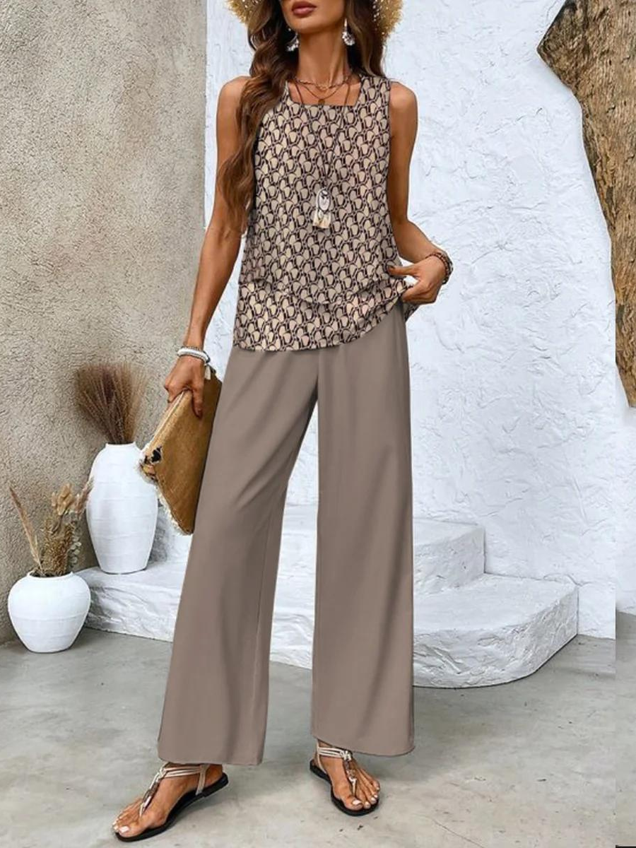 Isla | Dames Co-ord Set Gelaagde Blouse Mouwloos Palazzo Bladprint