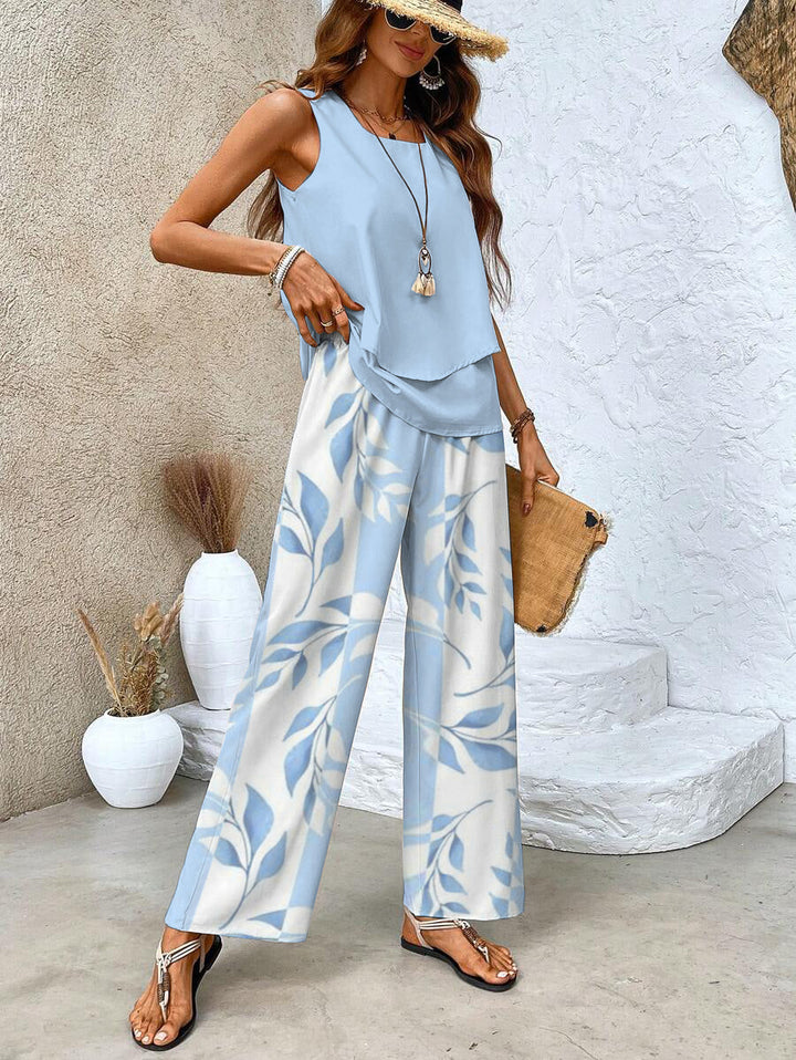 Isla | Dames Co-ord Set Gelaagde Blouse Mouwloos Palazzo Bladprint