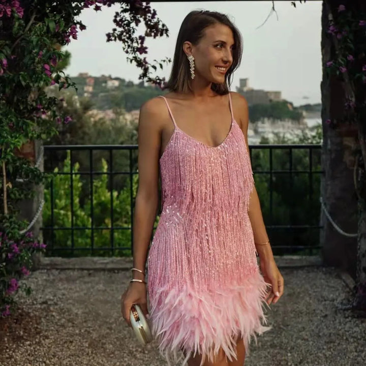 Isolde | Dames Cocktailjurk met Franjes en Veren