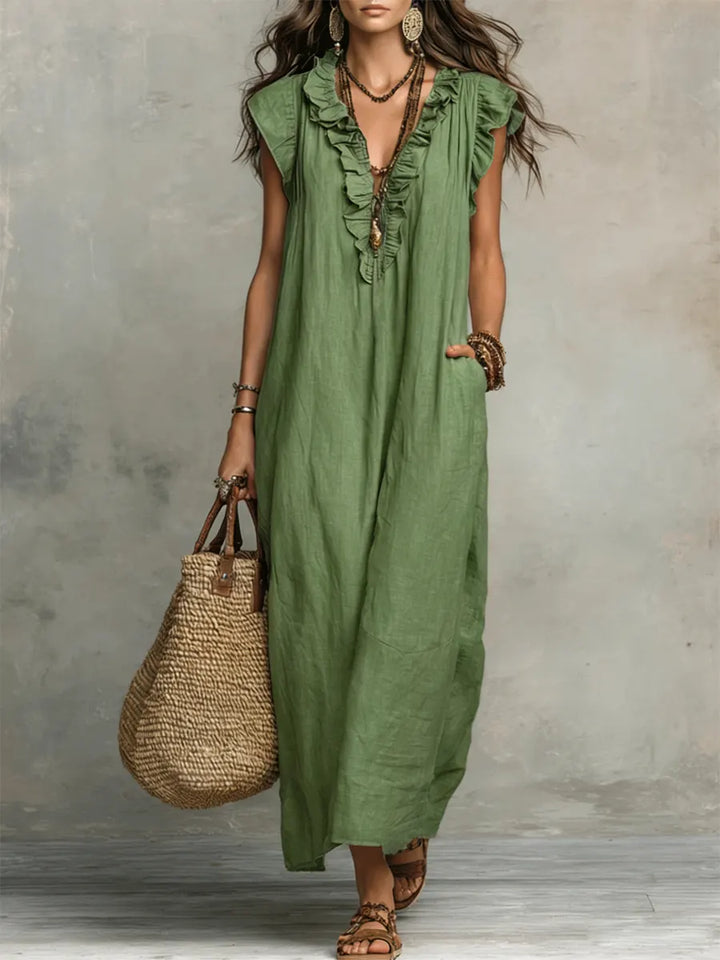 Julia | Dames Ruffle V-Hals Flutter Mouw Wide Leg Jumpsuit