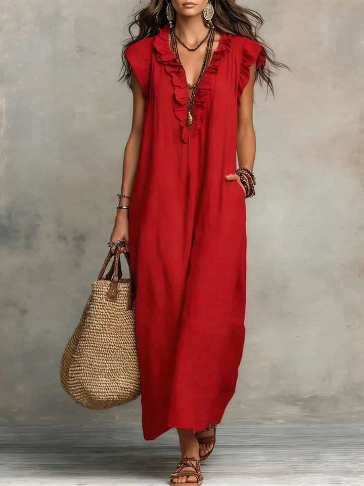 Julia | Dames Ruffle V-Hals Flutter Mouw Wide Leg Jumpsuit