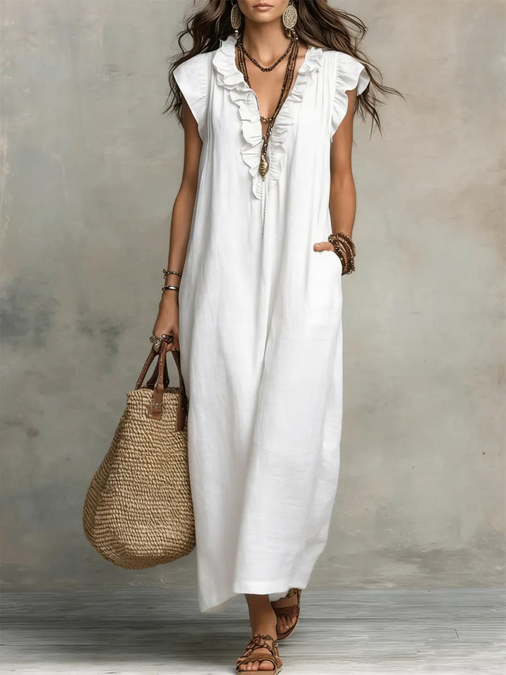 Julia | Dames Ruffle V-Hals Flutter Mouw Wide Leg Jumpsuit