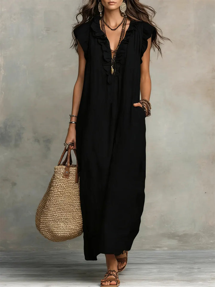Julia | Dames Ruffle V-Hals Flutter Mouw Wide Leg Jumpsuit