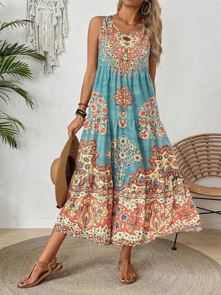 Lena | Dames Boho Mandala Print Mouwloos Midi Jurk