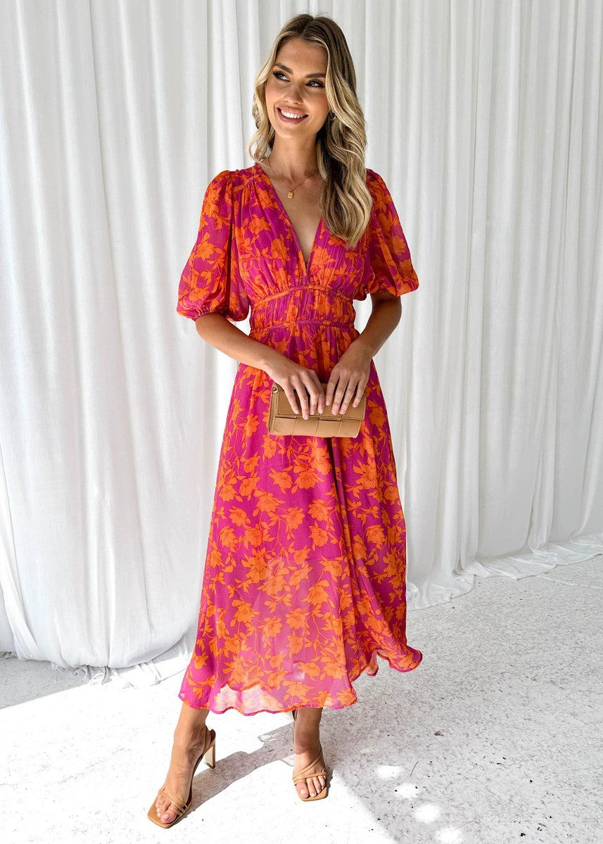 Lotte | Luchtige Dames Midi Jurk Bloemen Pofmouwen