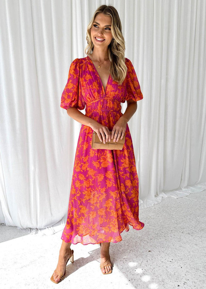 Lotte | Luchtige Dames Midi Jurk Bloemen Pofmouwen
