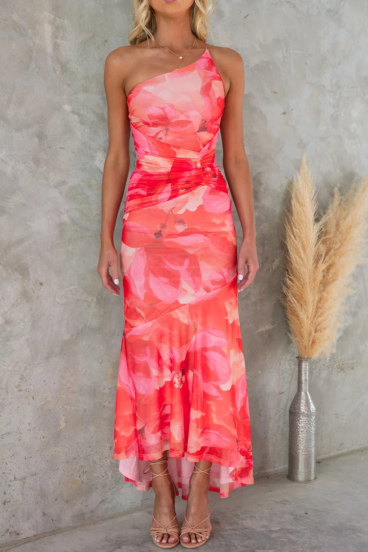 Mila | Dames Bloemenprint Één-Schouder Asymmetrische Maxi Jurk