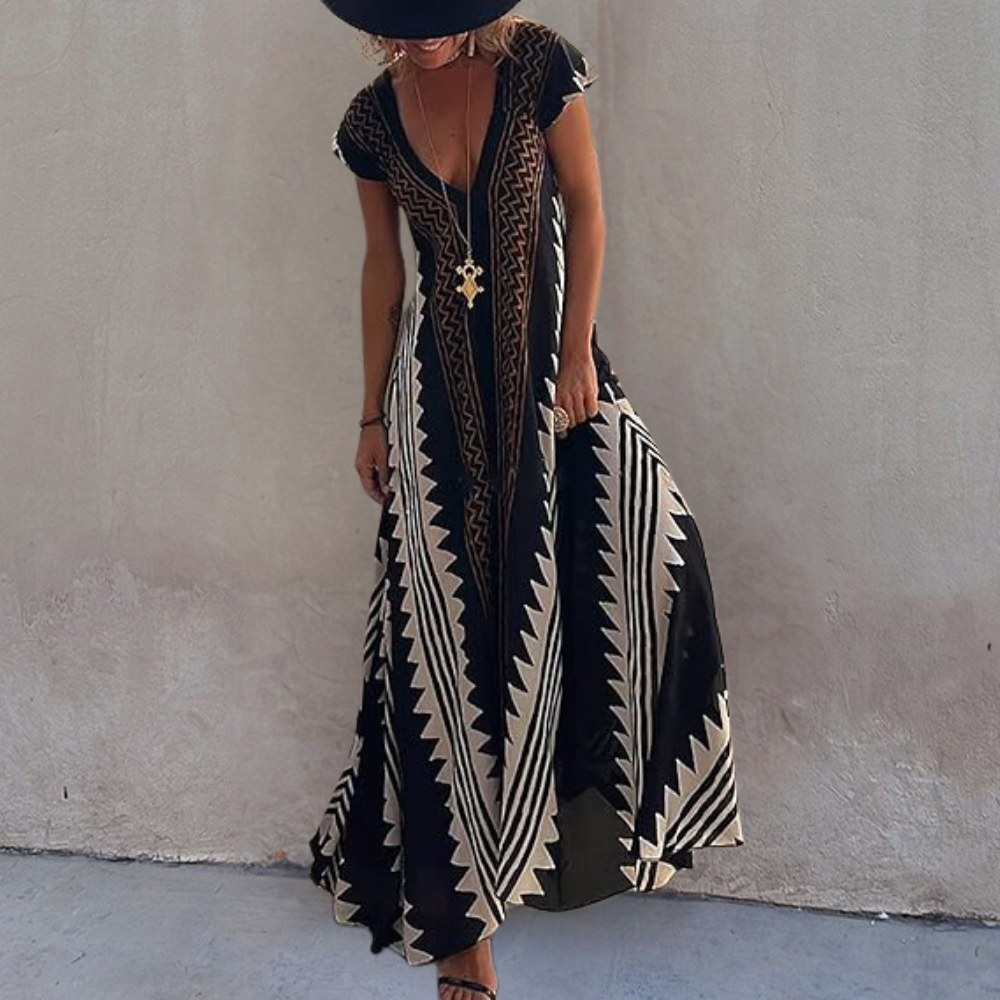 Nova | Dames Boho V-hals Korte Mouw Maxi Jurk