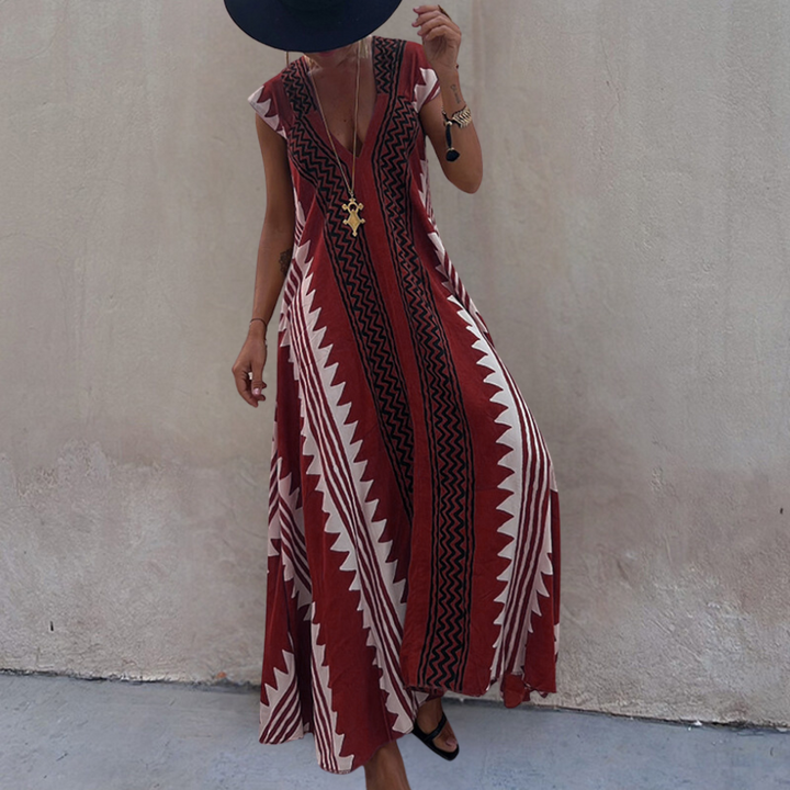 Nova | Dames Boho V-hals Korte Mouw Maxi Jurk