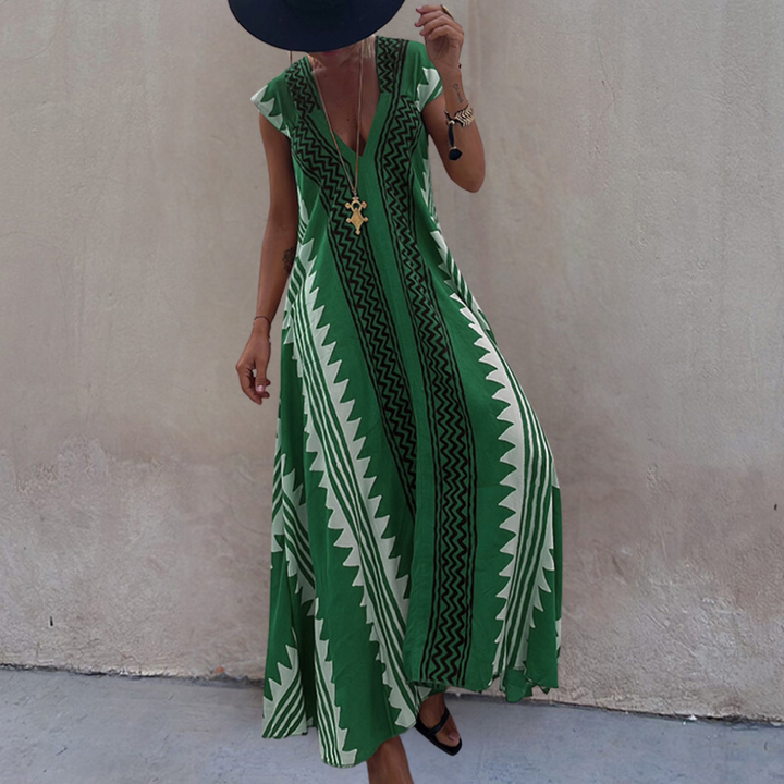 Nova | Dames Boho V-hals Korte Mouw Maxi Jurk