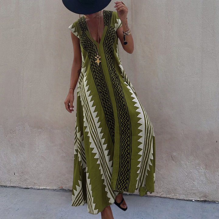 Nova | Dames Boho V-hals Korte Mouw Maxi Jurk