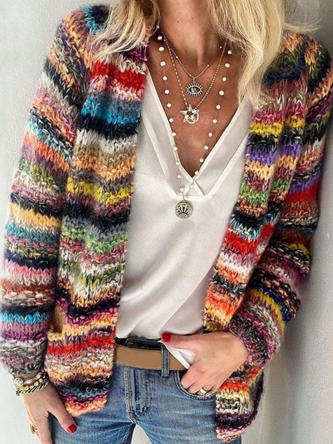 Fenna | Dames Boho Gestreept Open Gebreid Vest
