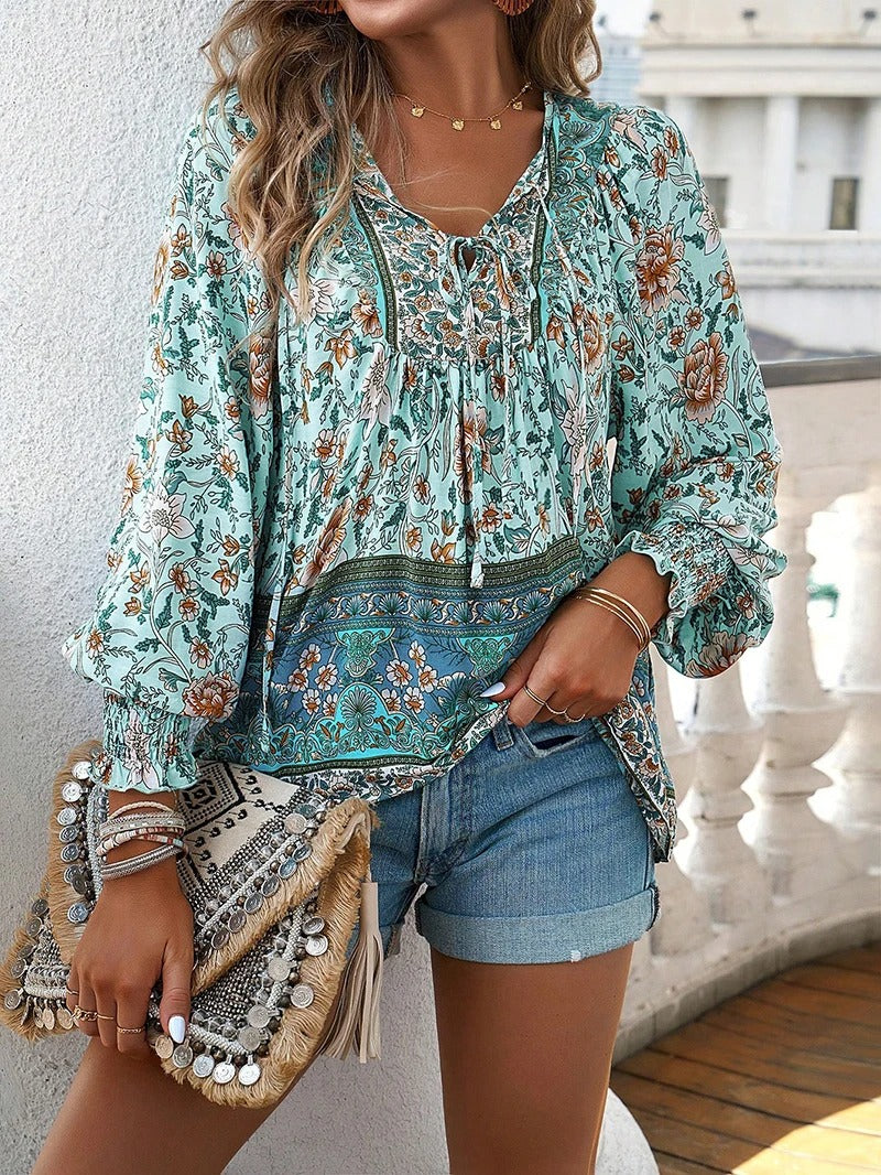 Marije | Dames Boho Bloemenprint V-hals Blouse